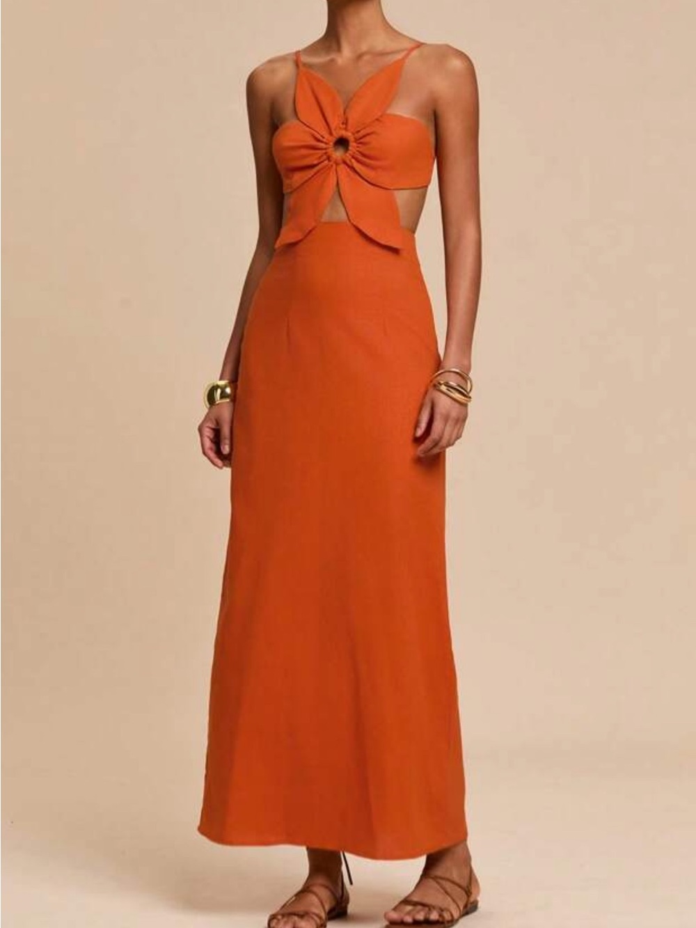 Orange Floral-Front Cutout Maxi Dress